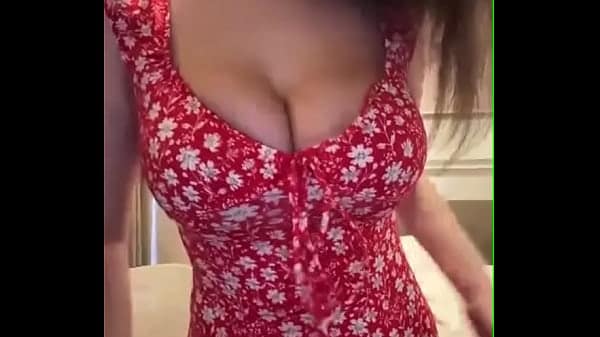 Stepmother in a red dress caresses big milky tits